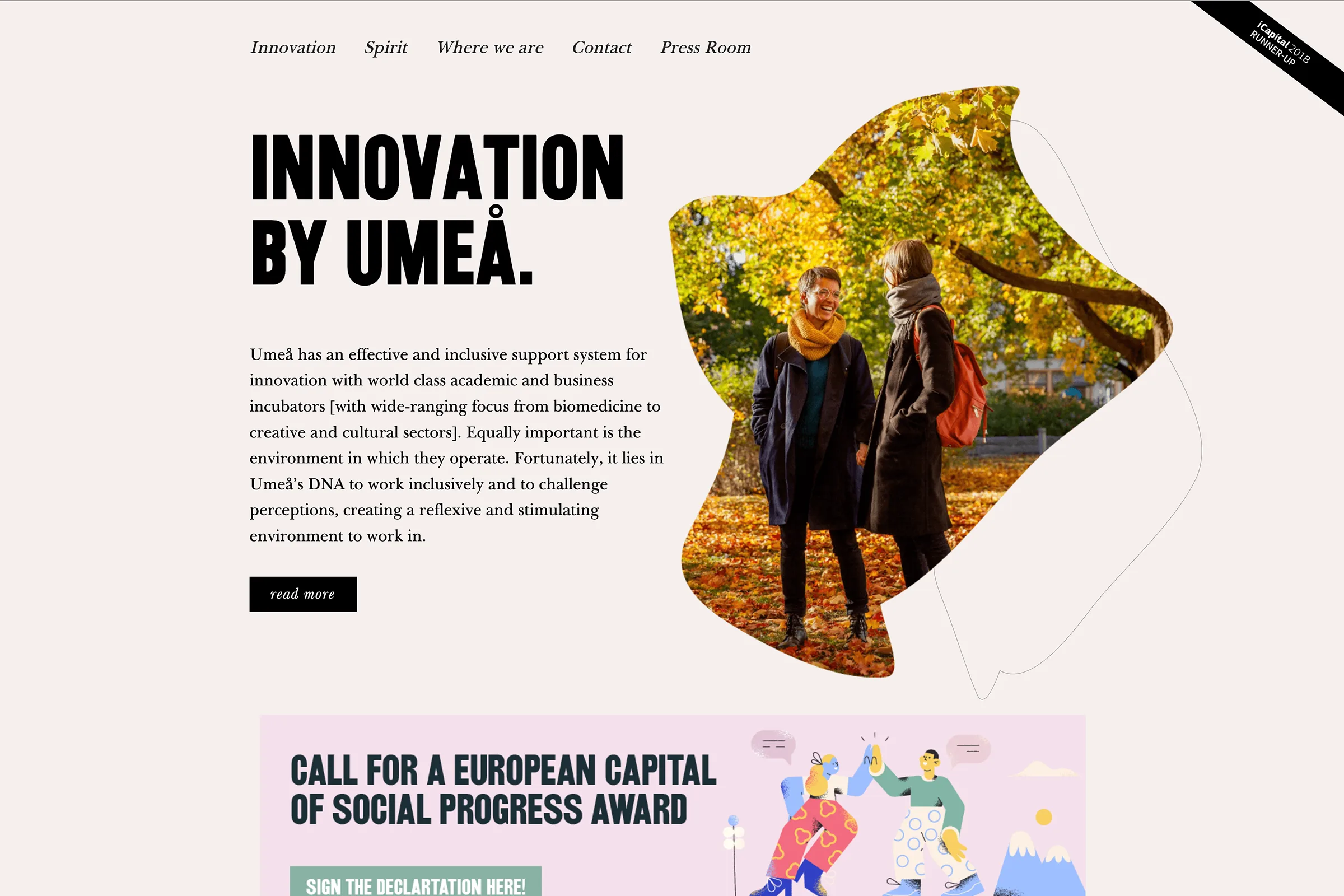 Webbdesign för Umeås internationella kommunikation med rubriken Innovation by Umeå