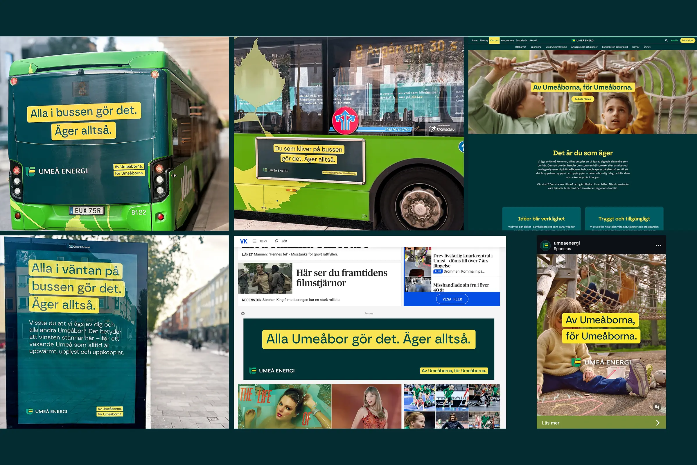 Kollage av kampanjen Av Umeåborna, för Umeåborna i bussreklam, webb och sociala medier