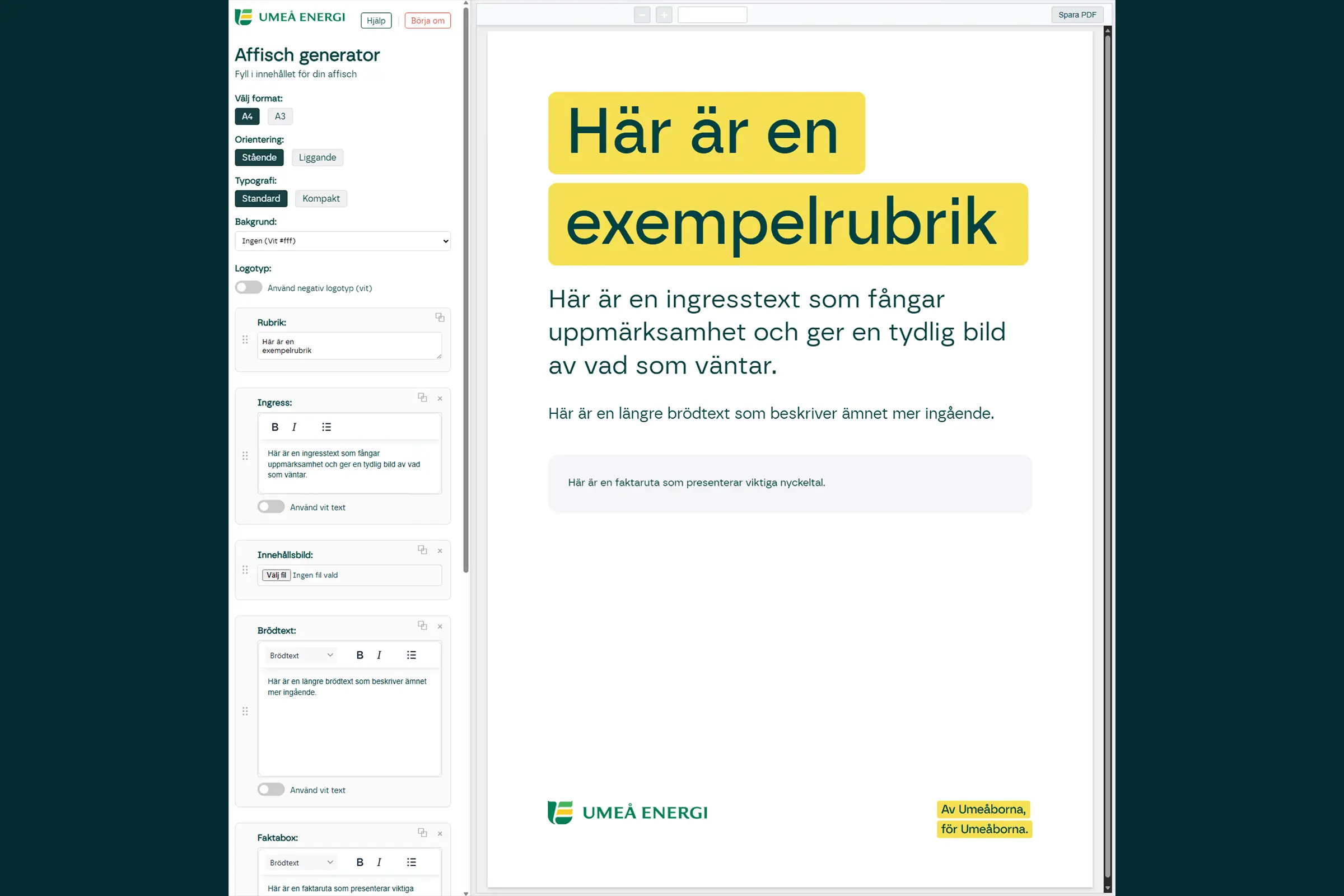 Umeå Energis affischgenerator med redigeringsverktyg och förhandsvisning av en affisch