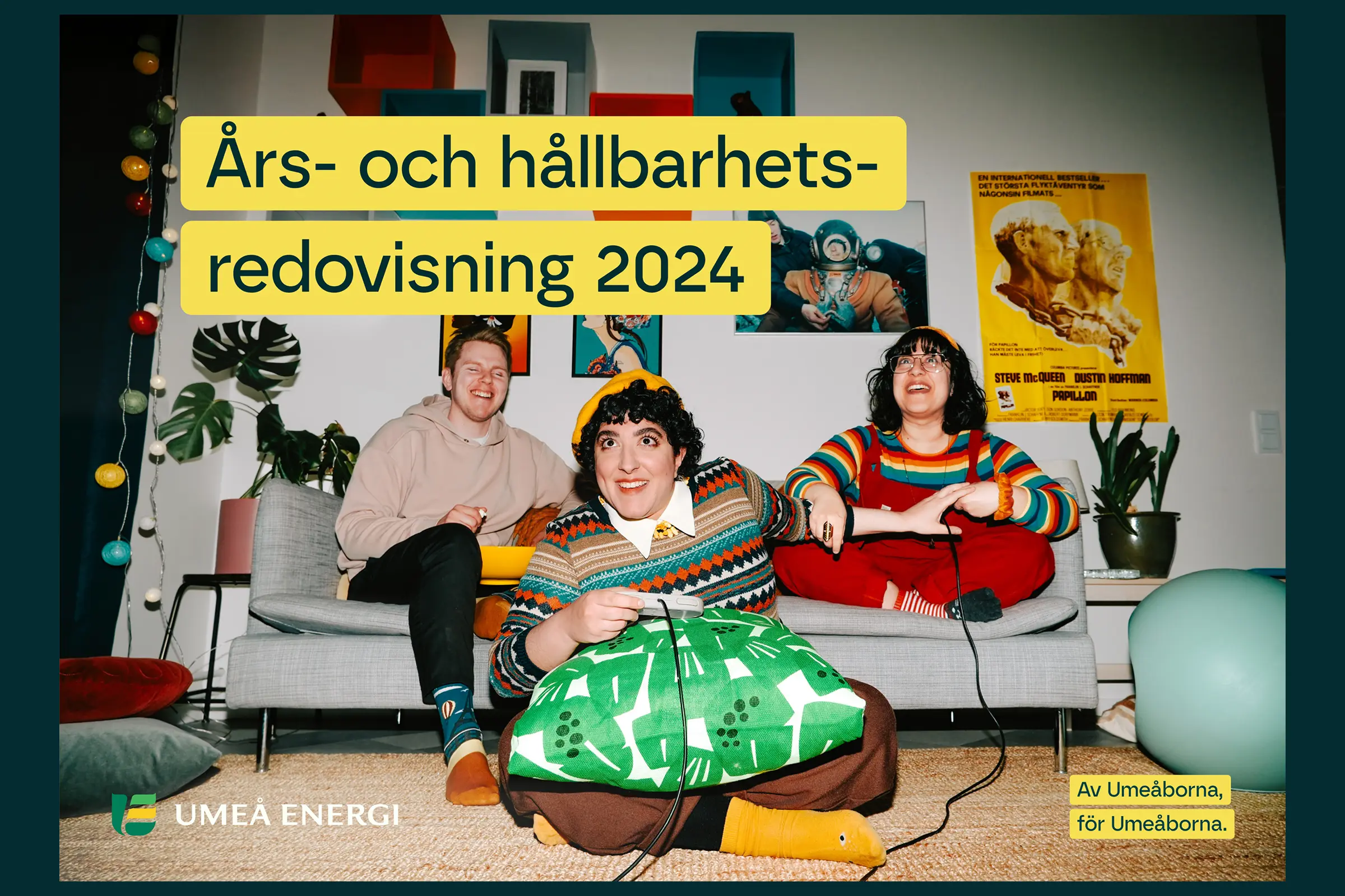 Omslag till Umeå Energis års- och hållbarhetsredovisning 2024 med tre personer som spelar tv-spel