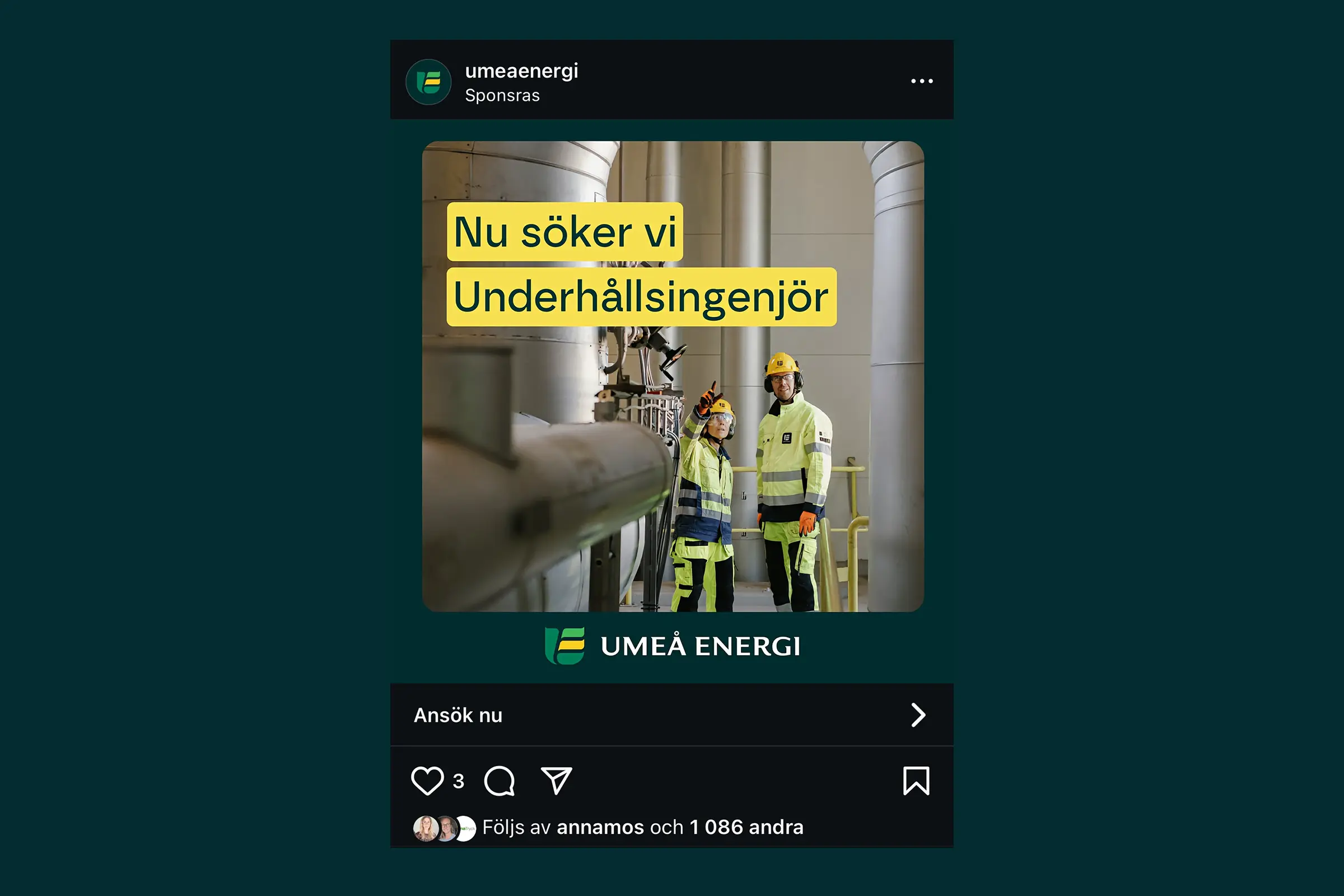 Rekryteringsannons i sociala medier för en underhållsingenjör hos Umeå Energi