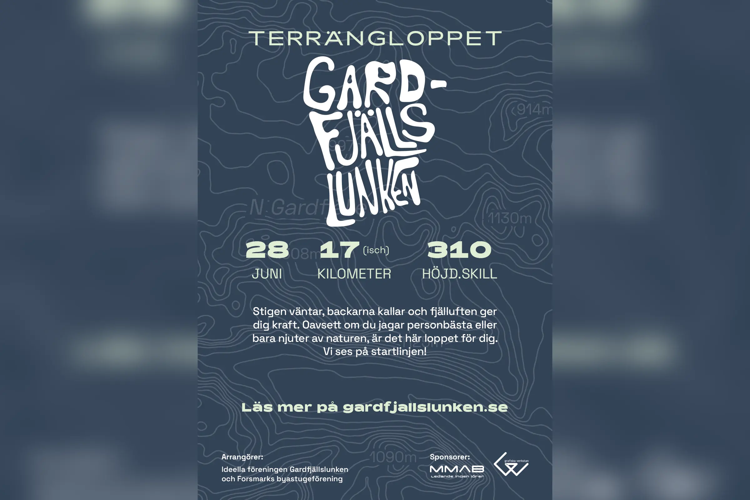 Affisch för terrängloppet Gardfjällslunken med topografiskt mönster