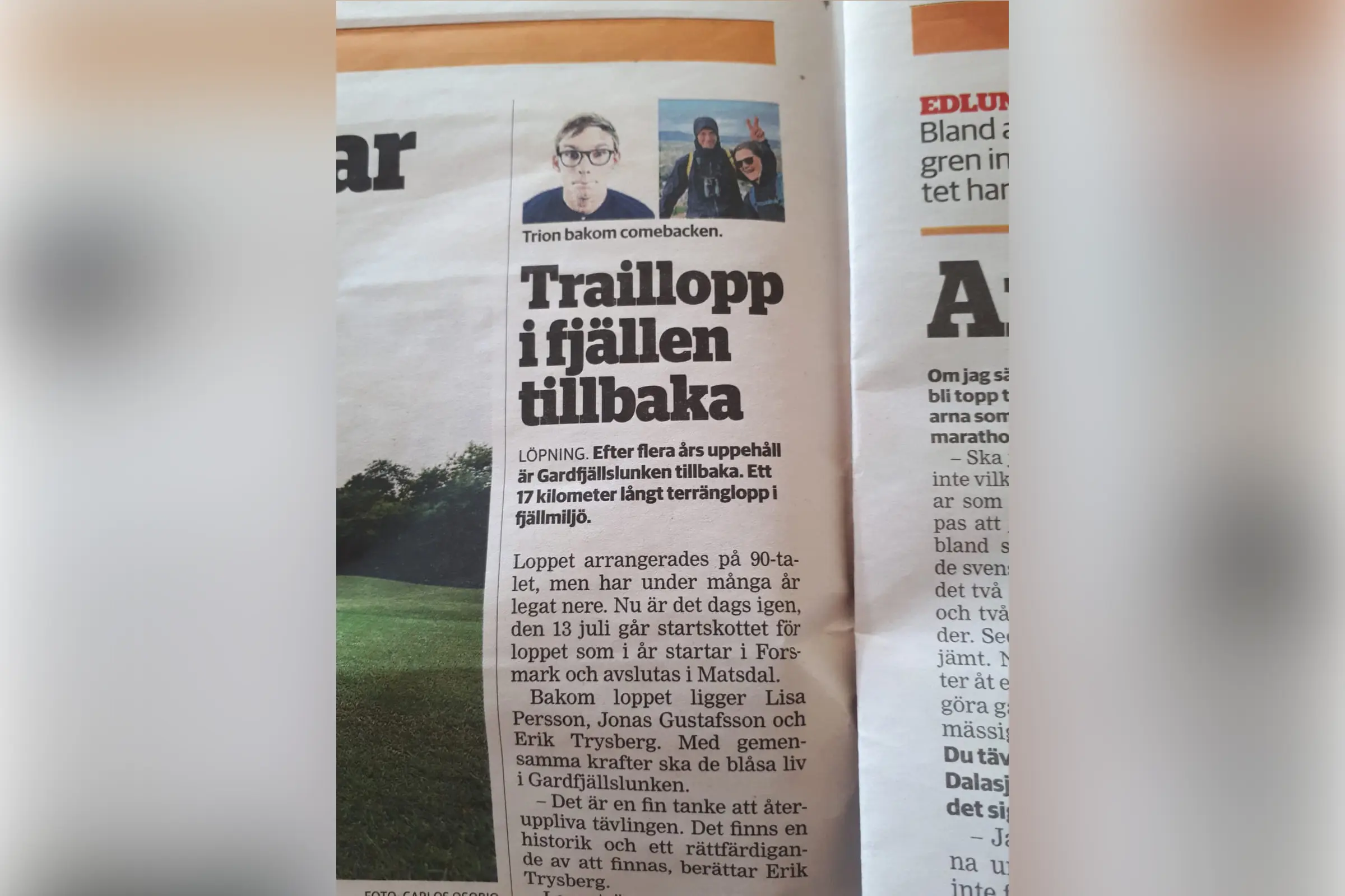Tidningsartikel om Gardfjällslunkens comeback som traillopp i fjällen